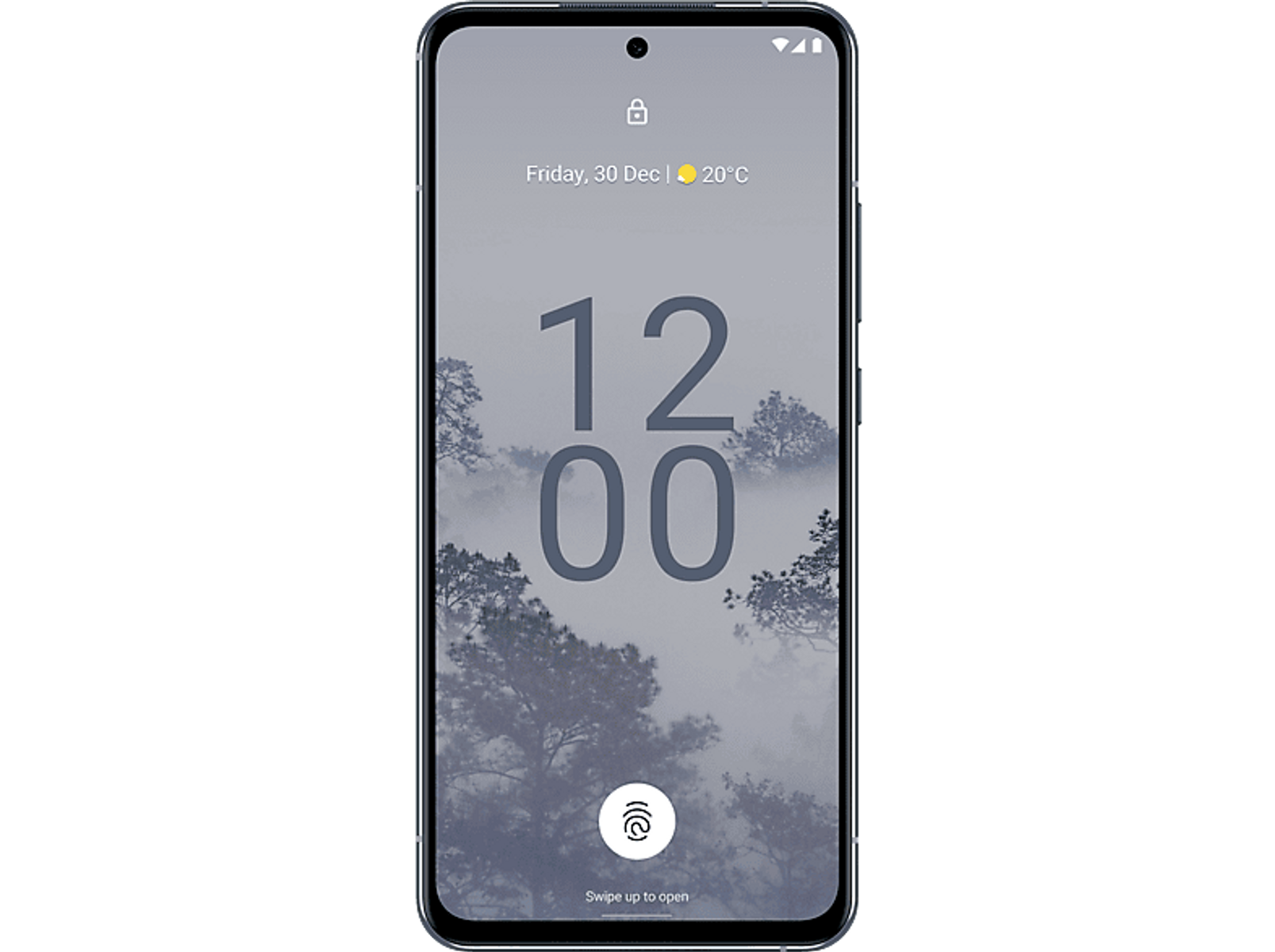 Smartphone mit schwarzem Bildschirm, zeigt Uhrzeit, Datum, Temperatur und ein Fingerabdruck-Symbol.