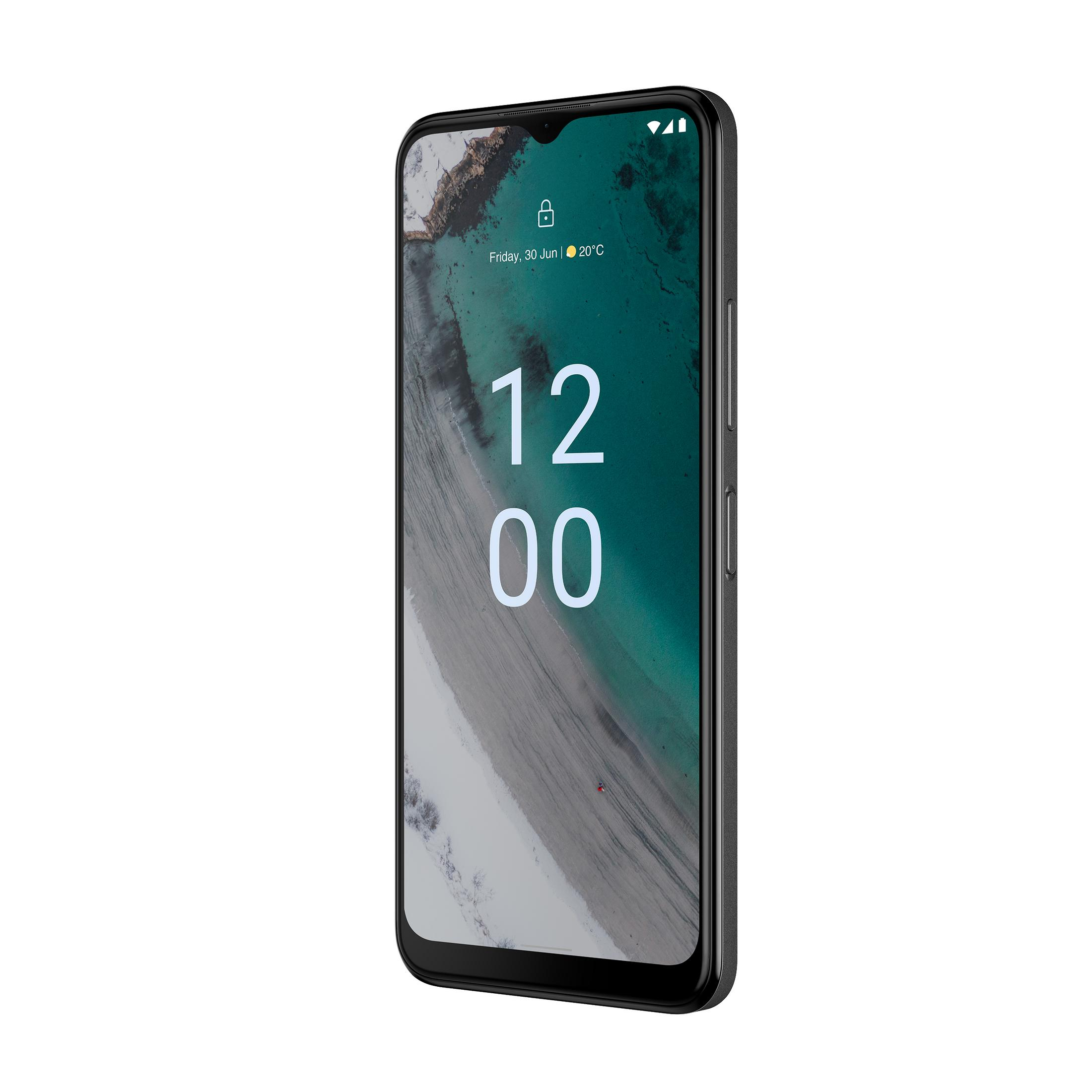 Schwarzes Smartphone mit lebendigem Bildschirm, der Zeit und Datum zeigt, vor weißem Hintergrund.
