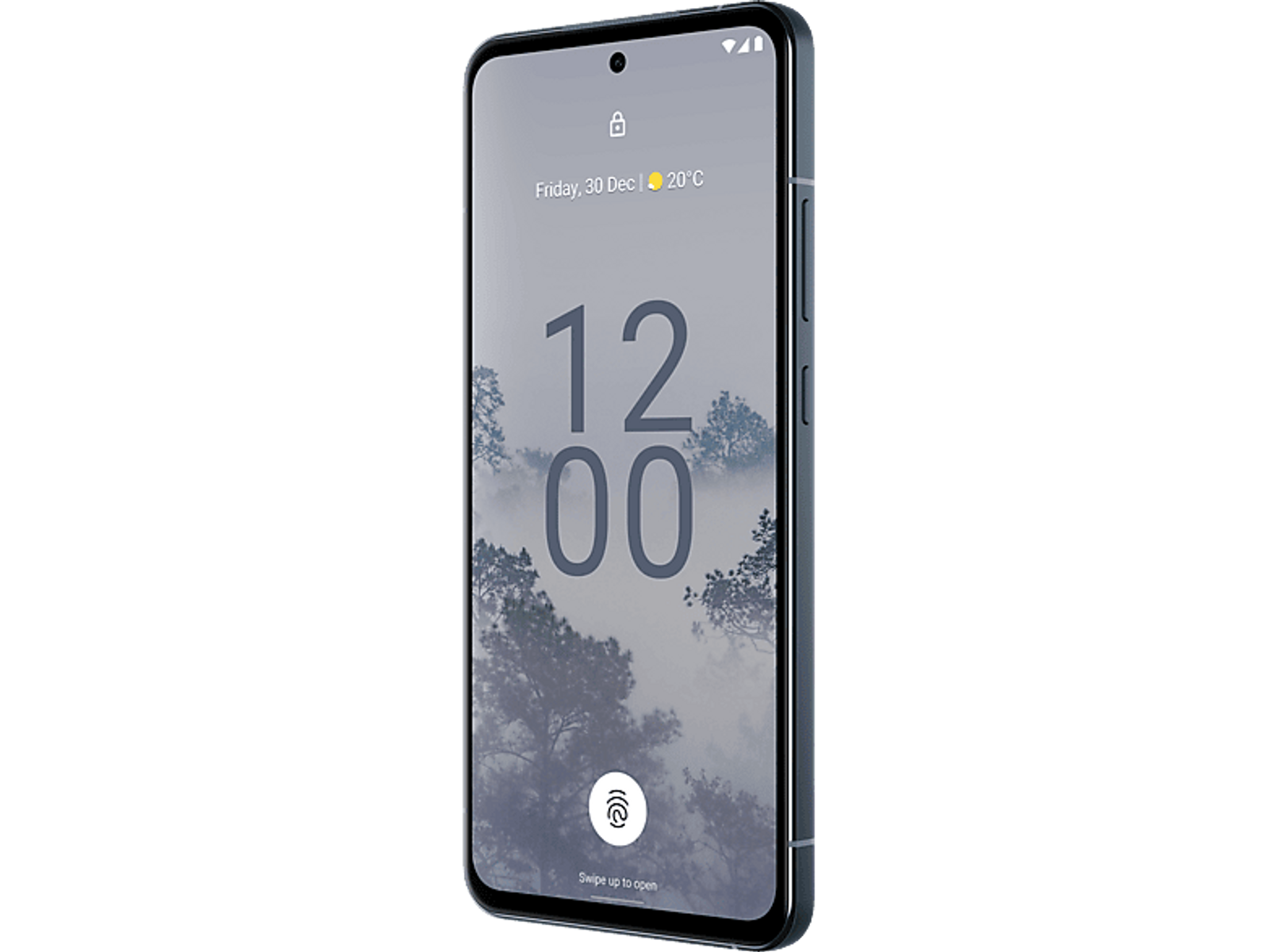 Schwarzes Smartphone mit Sperrbildschirm, der Datum, Uhrzeit und eine neblige Landschaft zeigt. Dunkler Hintergrund.