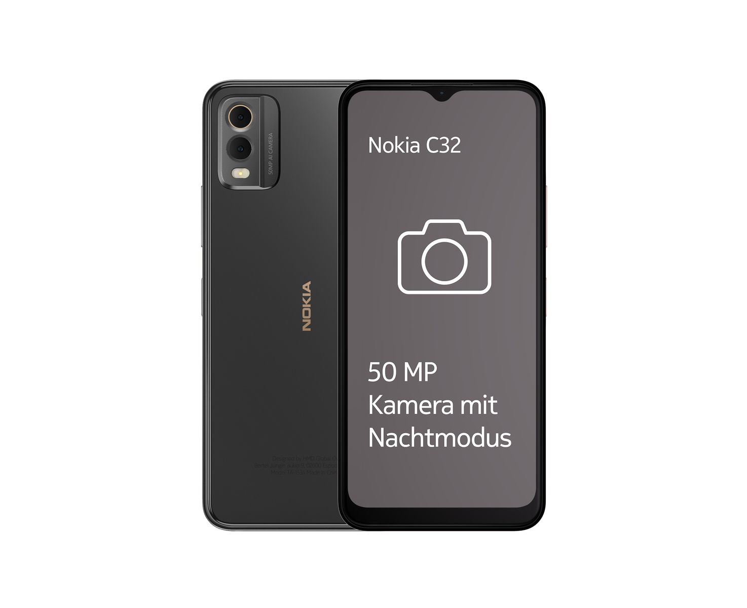 Schwarzes Nokia C32 Smartphone, die Rückkamera-Seite ist zu sehen.