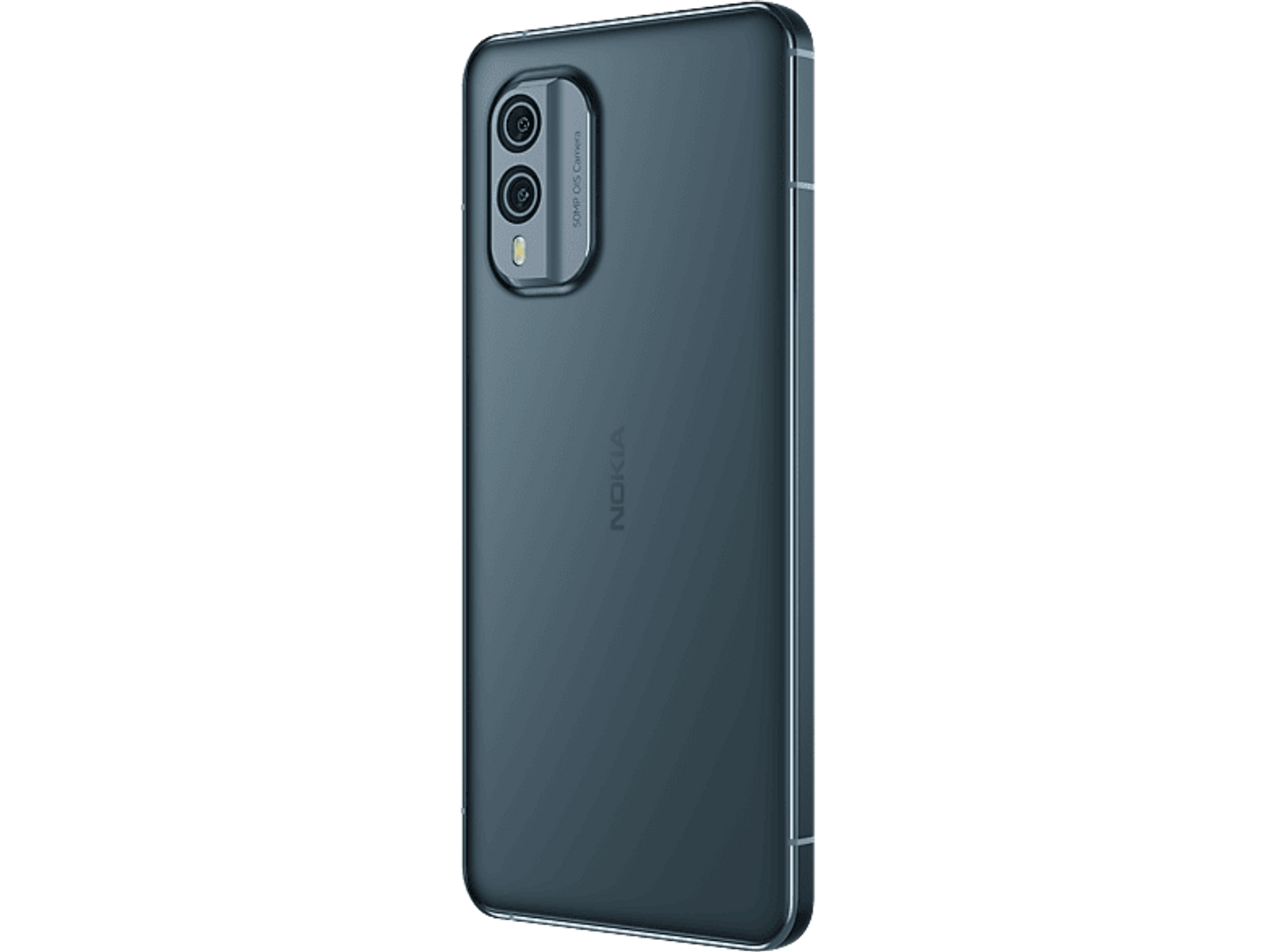 Dunkelblaues Smartphone mit Dual-Kamera auf der Rückseite, vor schwarzem Hintergrund.