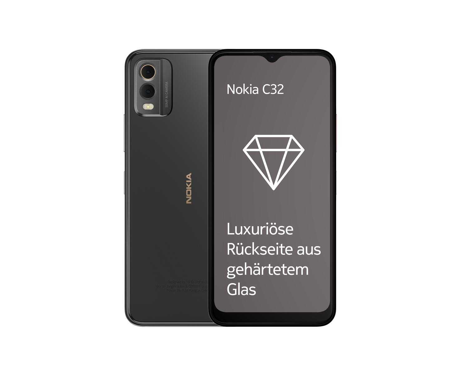 Nokia C32 Smartphone. Die Rückseite zeigt Dual-Kameras und ein Diamant-Symbol auf dem Bildschirm.