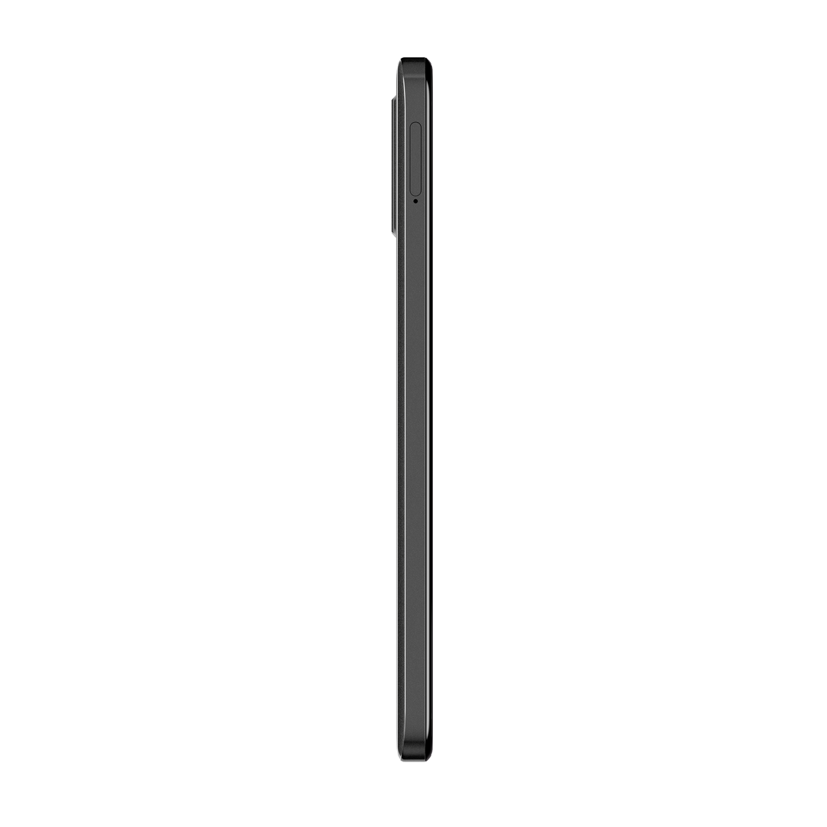 Seitenansicht eines schlanken schwarzen Smartphones. Das Telefon steht aufrecht.