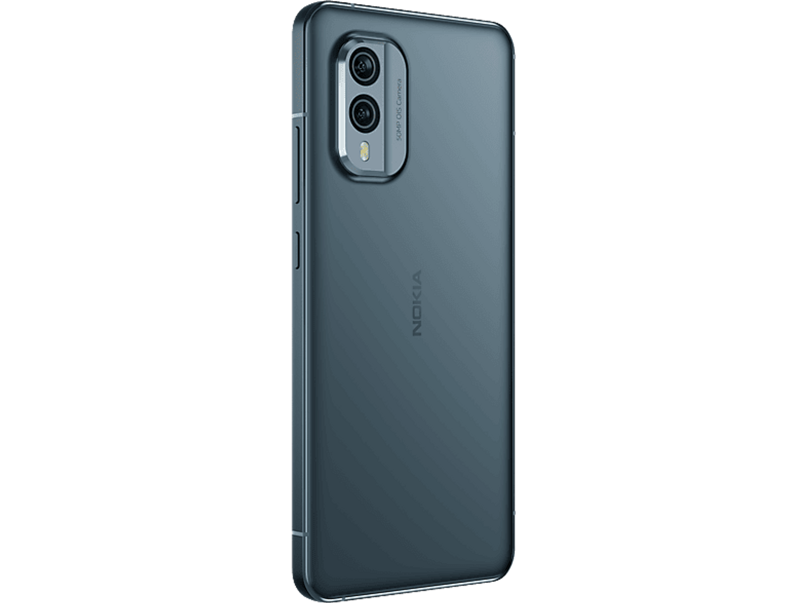 Dunkelblaues Nokia-Telefon von der Seite. Dreifachkamera und Nokia-Logo sichtbar.