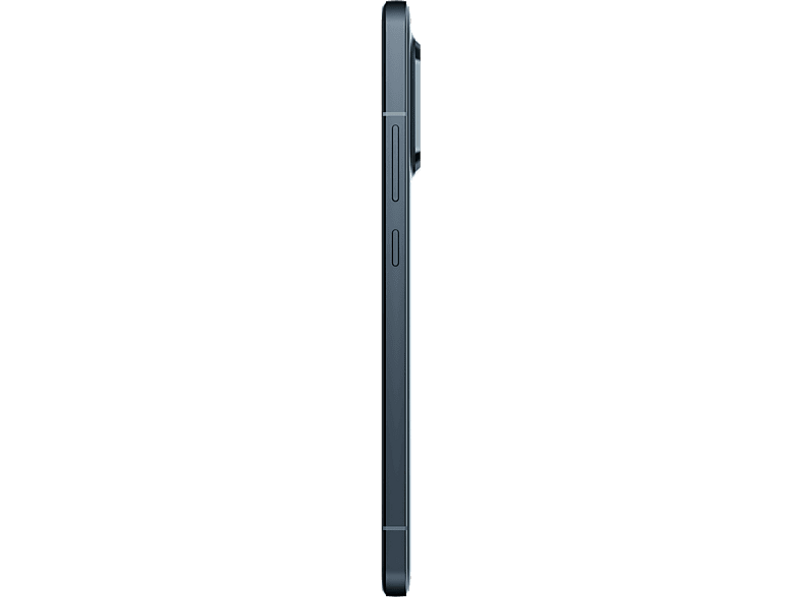 Seitenansicht eines dunkelblauen Smartphones. Es ist schlank und hat Knöpfe an der Seite, vor schwarzem Hintergrund.