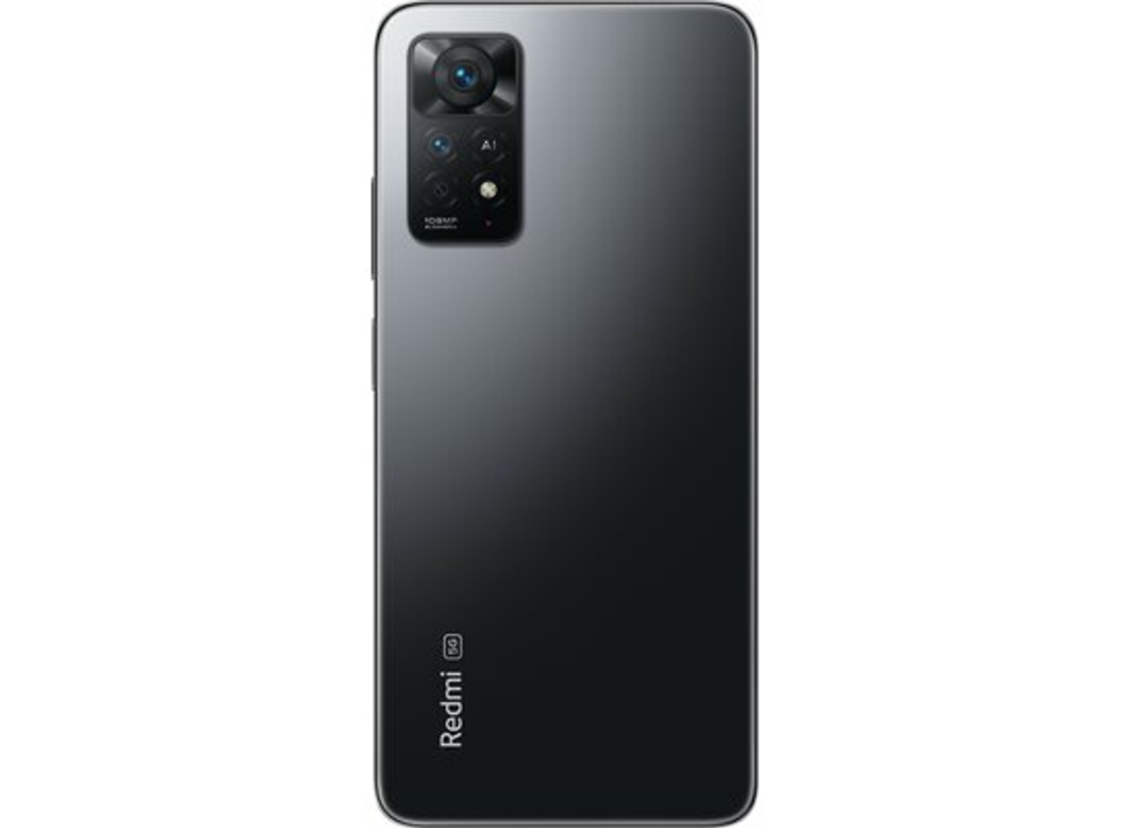 Rückseite eines dunkelgrauen Redmi 5G Smartphones. Es hat eine Kamerahöcker mit mehreren Linsen und das Redmi-Logo.