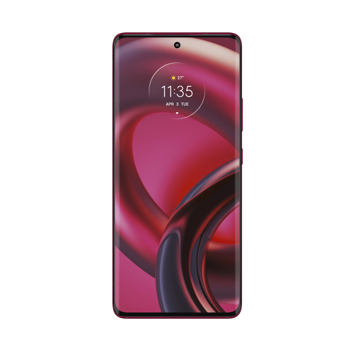 Ein Smartphone mit rotem Rahmen und gebogenem Bildschirm, der Zeit und Datum anzeigt.