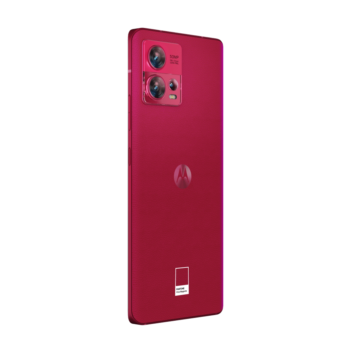 Rotes Smartphone mit Kamera und Pantone-Logo auf der Rückseite, Schrägansicht, isoliert.