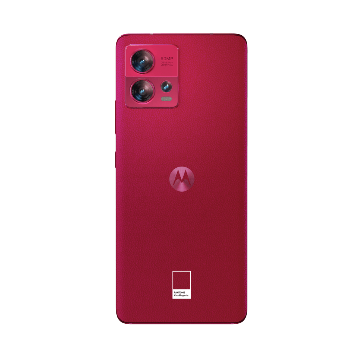 Magenta Smartphone mit Dual-Kamera und Logo, auf weißem Untergrund.