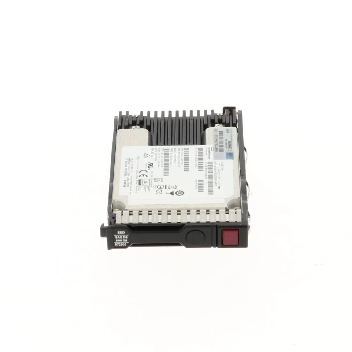 Dysk twardy, z czarną ramką i srebrną górą, umieszczony na białej powierzchni.