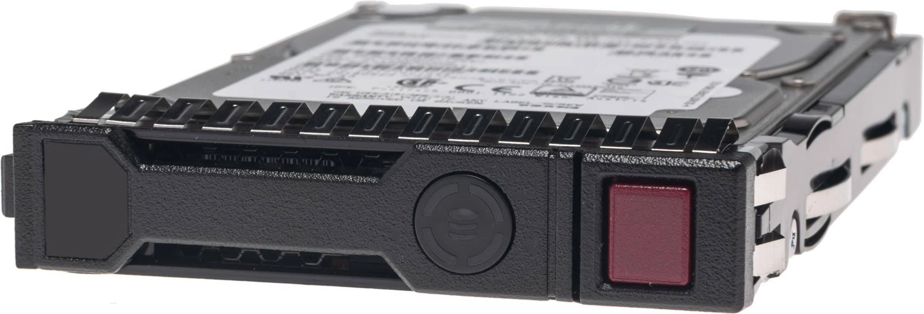 Czarny i srebrny dysk twardy z czerwonym przyciskiem. To urządzenie pamięci masowej.