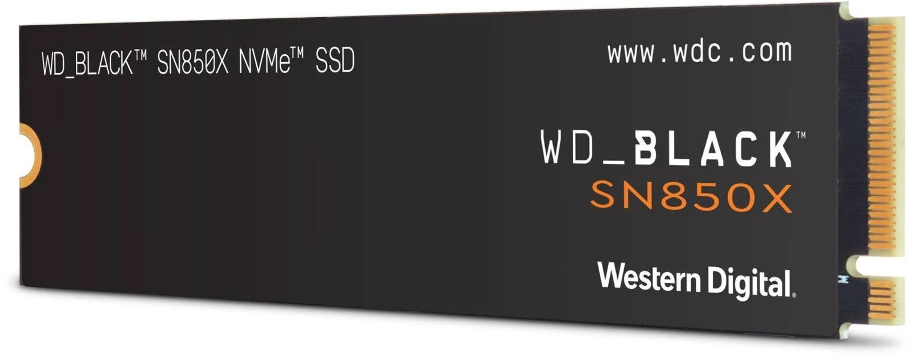 Czarny dysk SSD WD_BLACK SN850X NVMe. Produkt jest czarny, z pomarańczowym i białym tekstem, na białym tle.