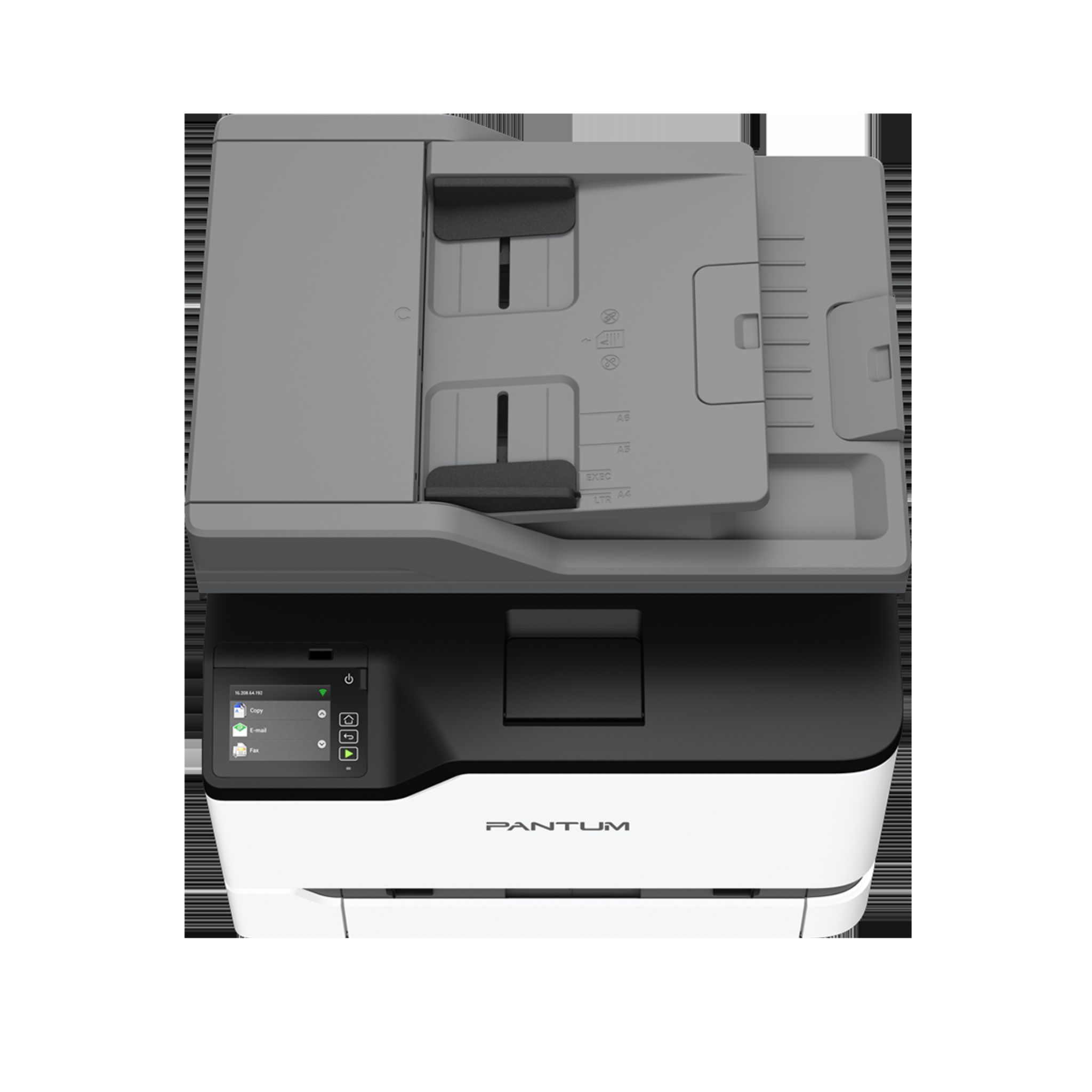 Widok z góry na biało-szarą drukarkę. Posiada podajnik papieru i panel sterowania.