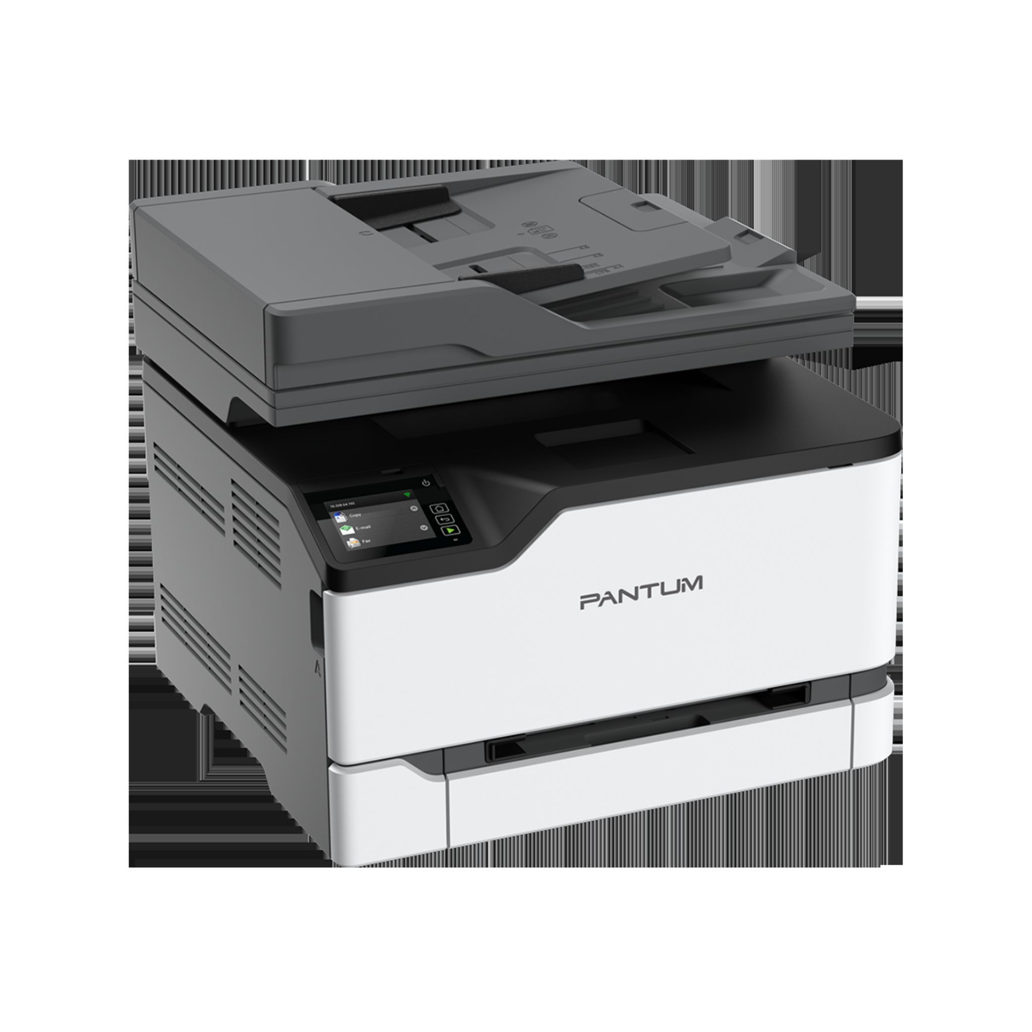 Biało-czarna drukarka z górną tacą na papier. Logo Pantum widoczne z przodu.
