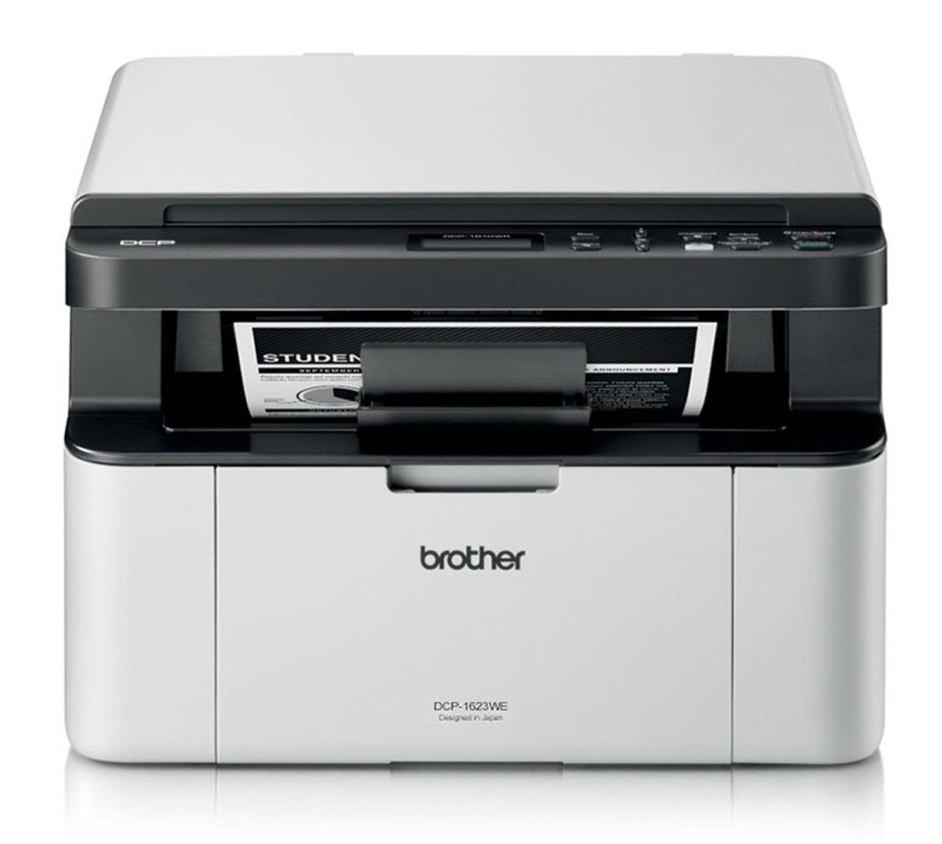 Impresora Brother blanca y negra con un documento dentro. 'Brother' y 'DCP-1623WE' son visibles.