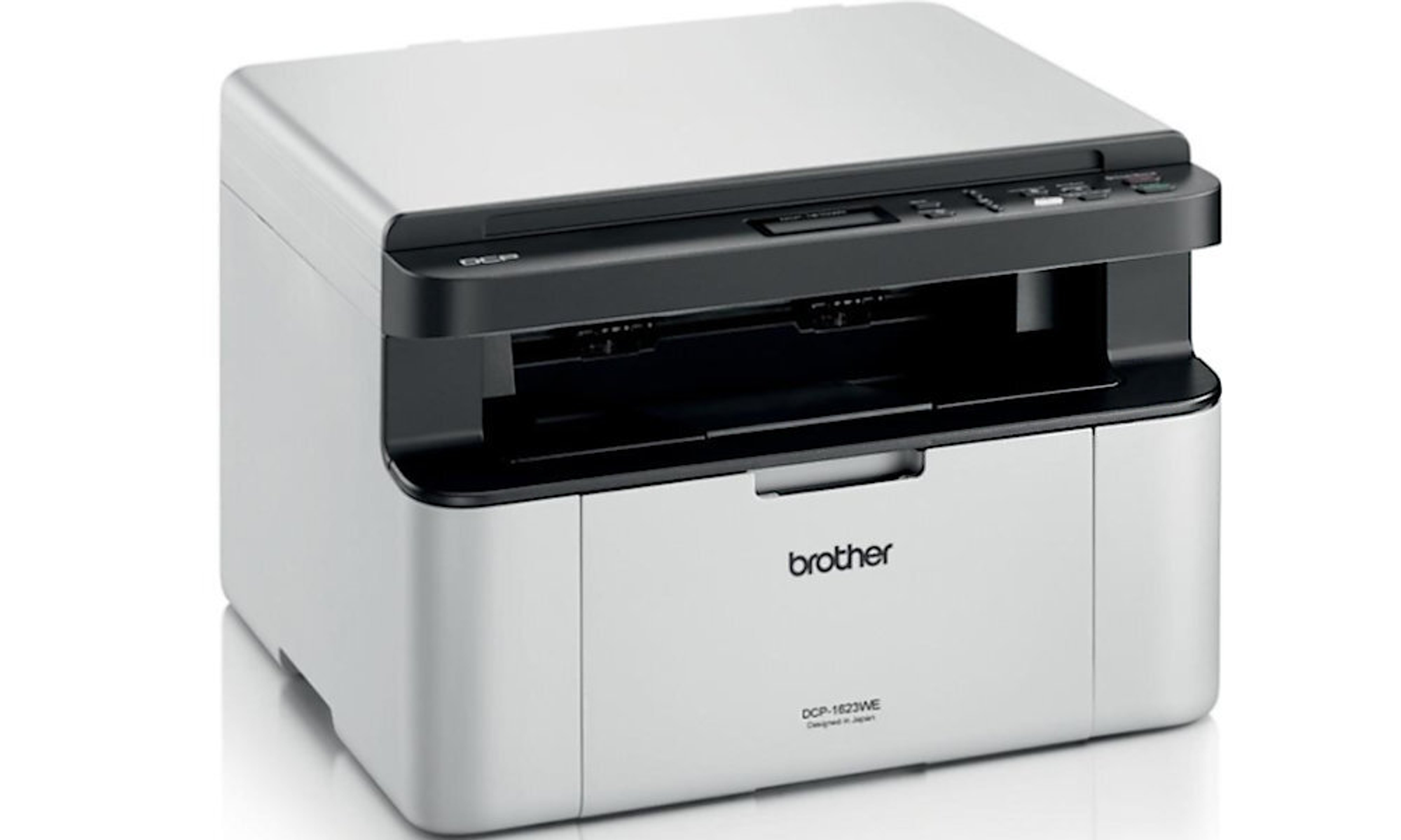 Una impresora Brother DCP-1622WE blanca y negra, con una bandeja y panel de control en la parte superior.