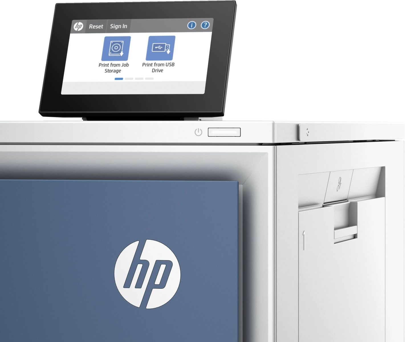 Weißer Drucker mit schwarzem Touchscreen und Bedienfeld, das Druckoptionen anzeigt.