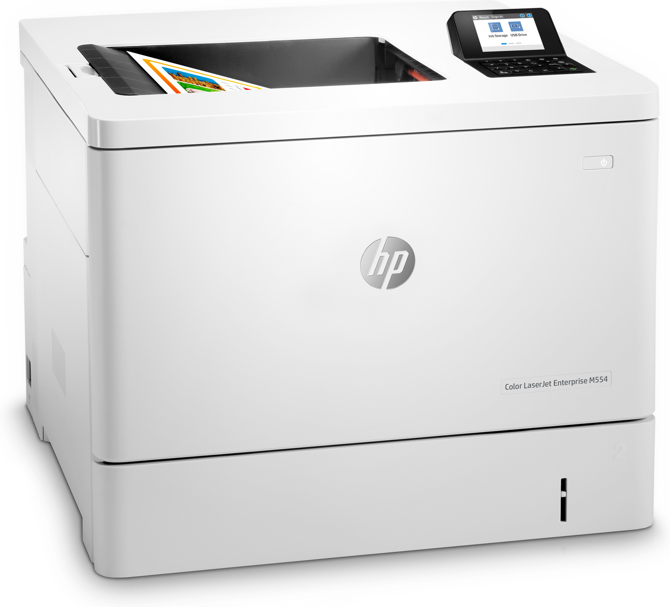 Imprimante HP blanche, vue de dessus. Impression couleur visible. Panneau de contrôle en haut. Logo HP.