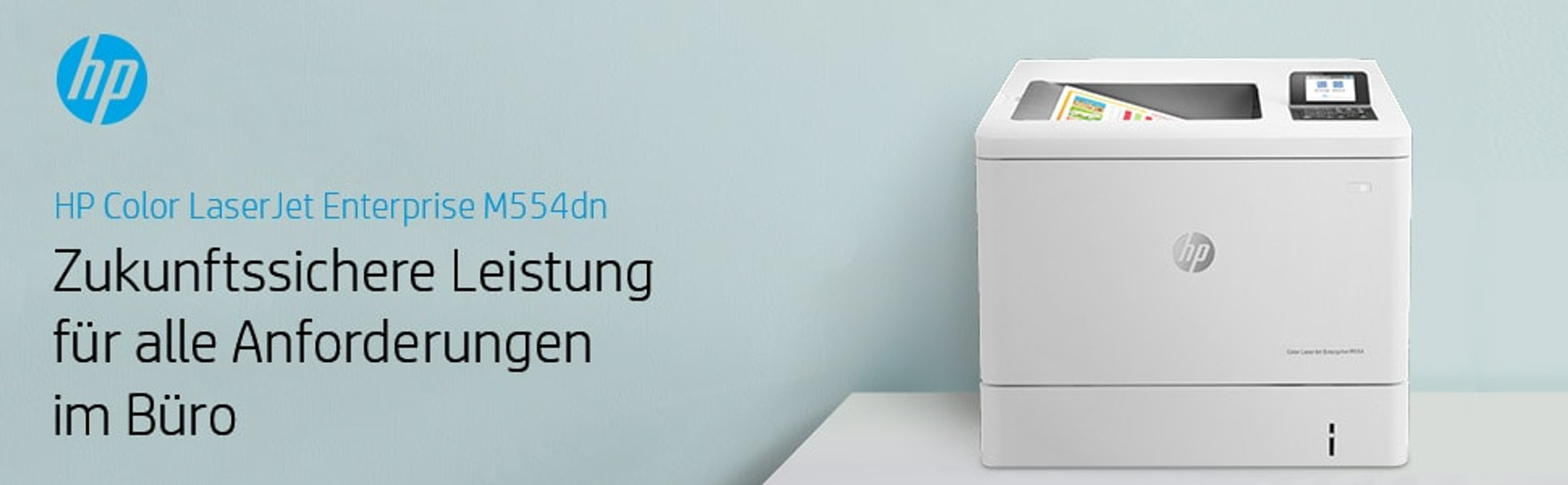 Imprimante HP sur une surface, texte et logo HP. Fond bleu avec texte allemand.