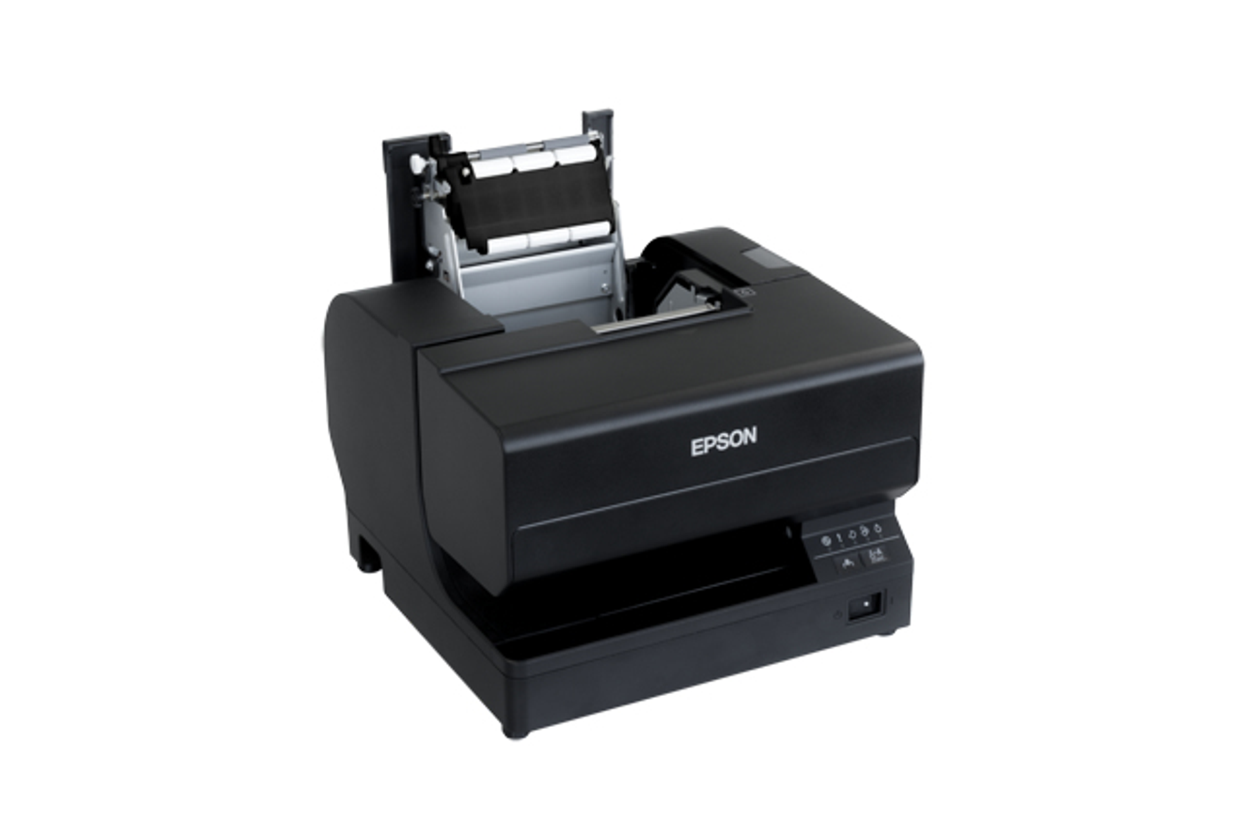 Stampante Epson, nera. Stampante aperta, che rivela il rotolo di carta e il meccanismo di stampa.