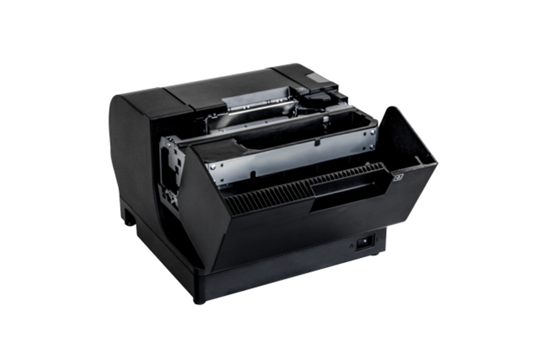 Stampante Epson nera. Lo sportello anteriore è aperto, rivelando l'interno e il meccanismo di stampa.