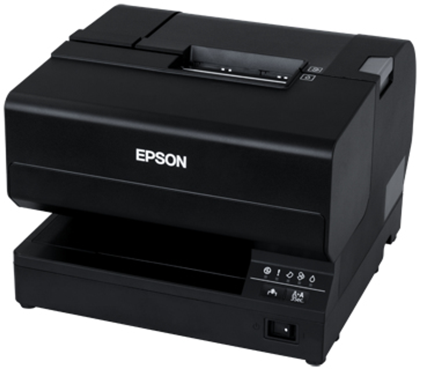 Stampante Epson nera su base nera, con logo Epson bianco.