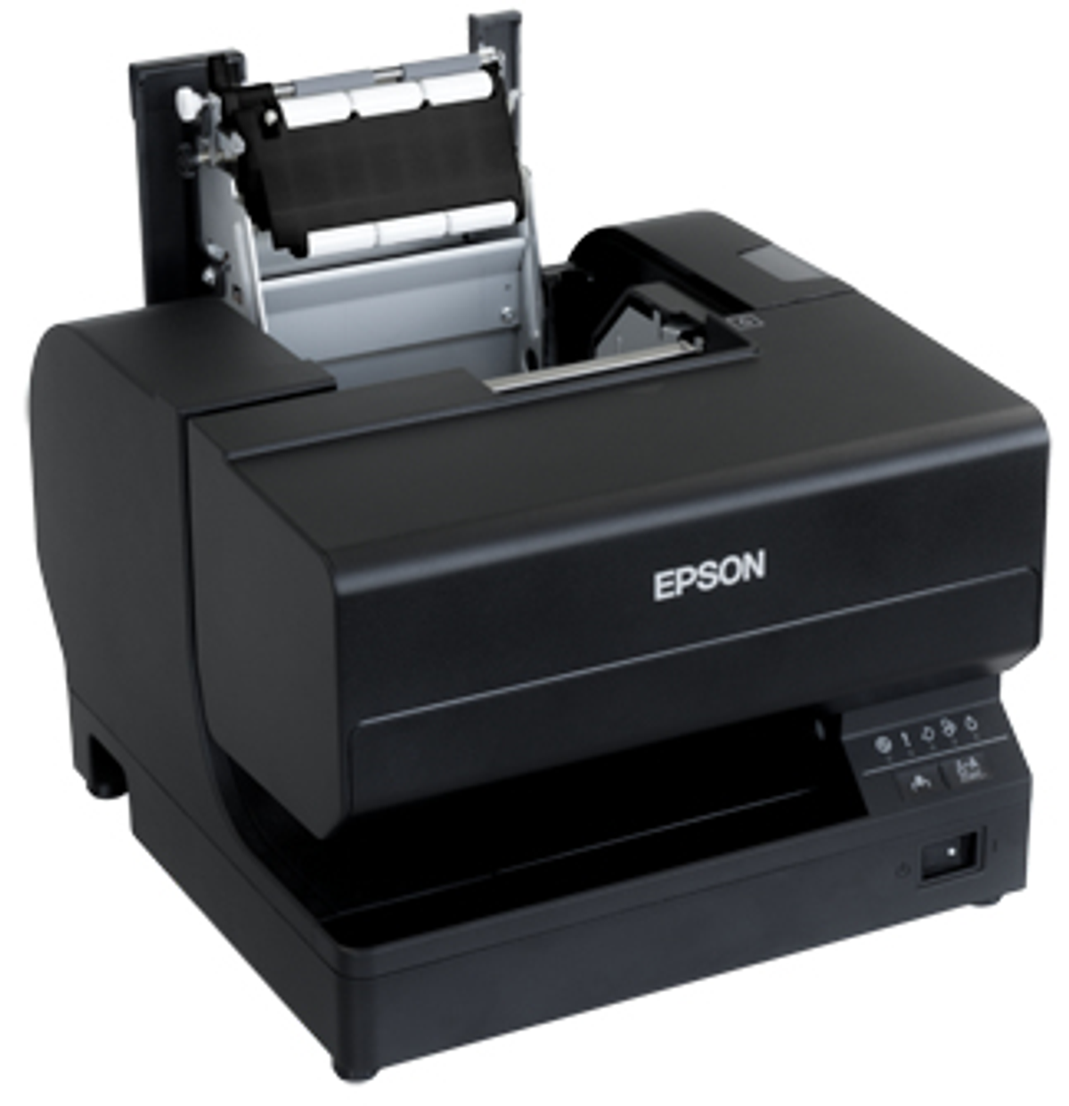 Stampante Epson nera con coperchio aperto, mostra componenti interni.