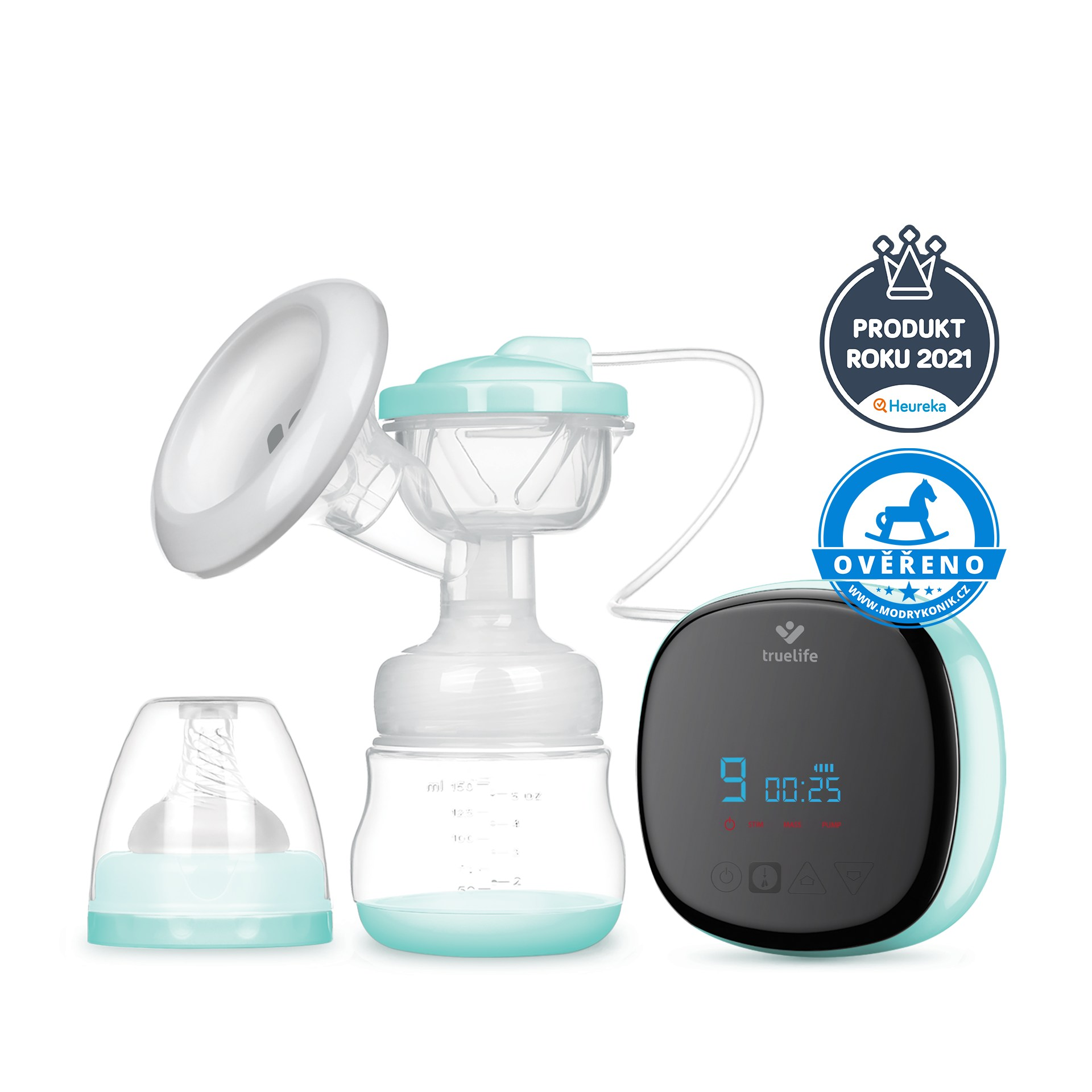 Brustpumpe mit Flasche und Zubehör. Enthält Auszeichnungen für das Produktjahr.