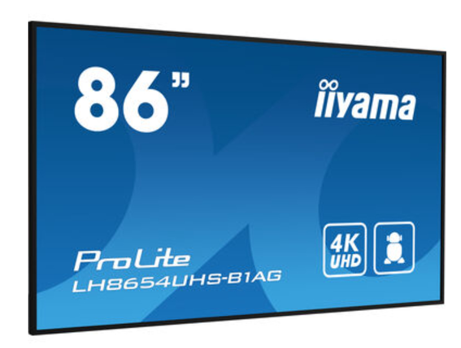 Ein 86-Zoll iiyama ProLite TV-Bildschirm mit Text und Logos auf blauem Hintergrund.