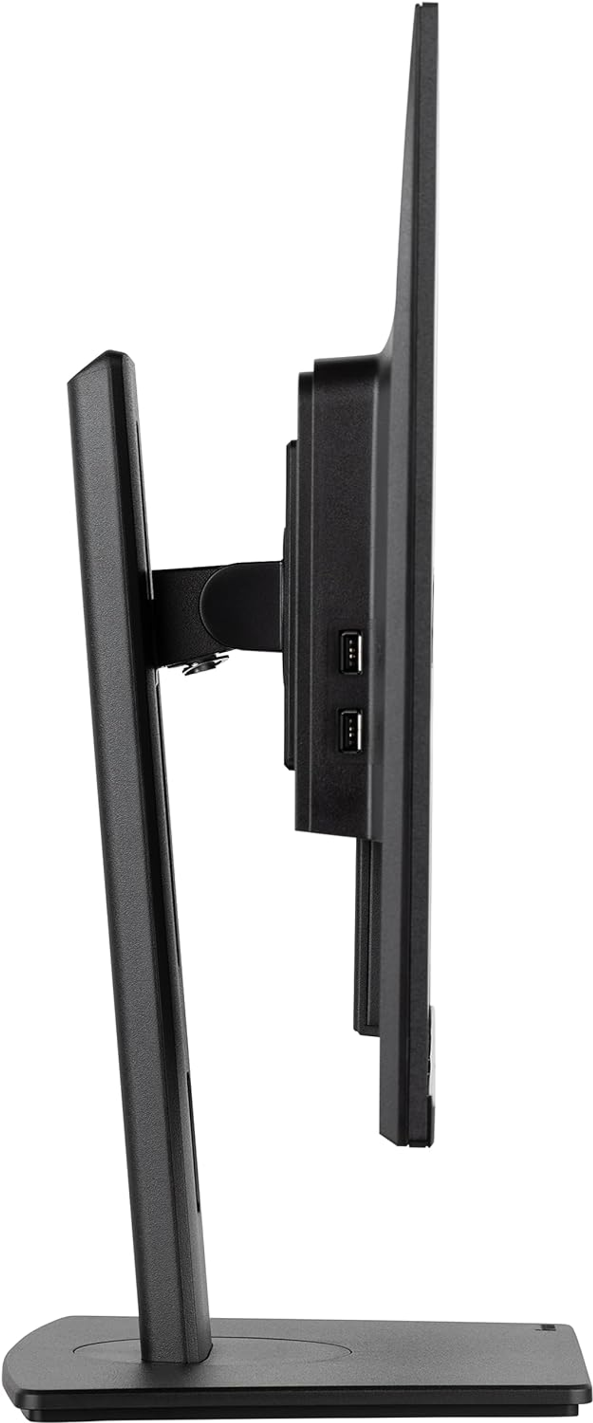 Widok z boku czarnego monitora komputera z czarną podstawą. Szare tło.