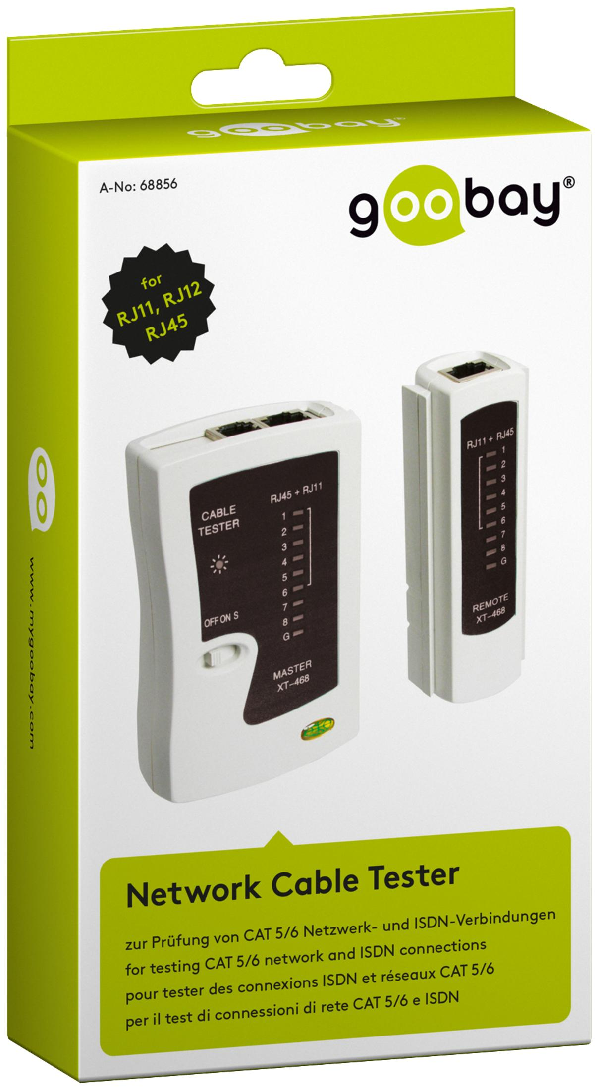 Eine weiße Box mit einem Netzwerkkabeltester. Enthält einen Tester und eine Remote-Einheit für RJ11/RJ45.