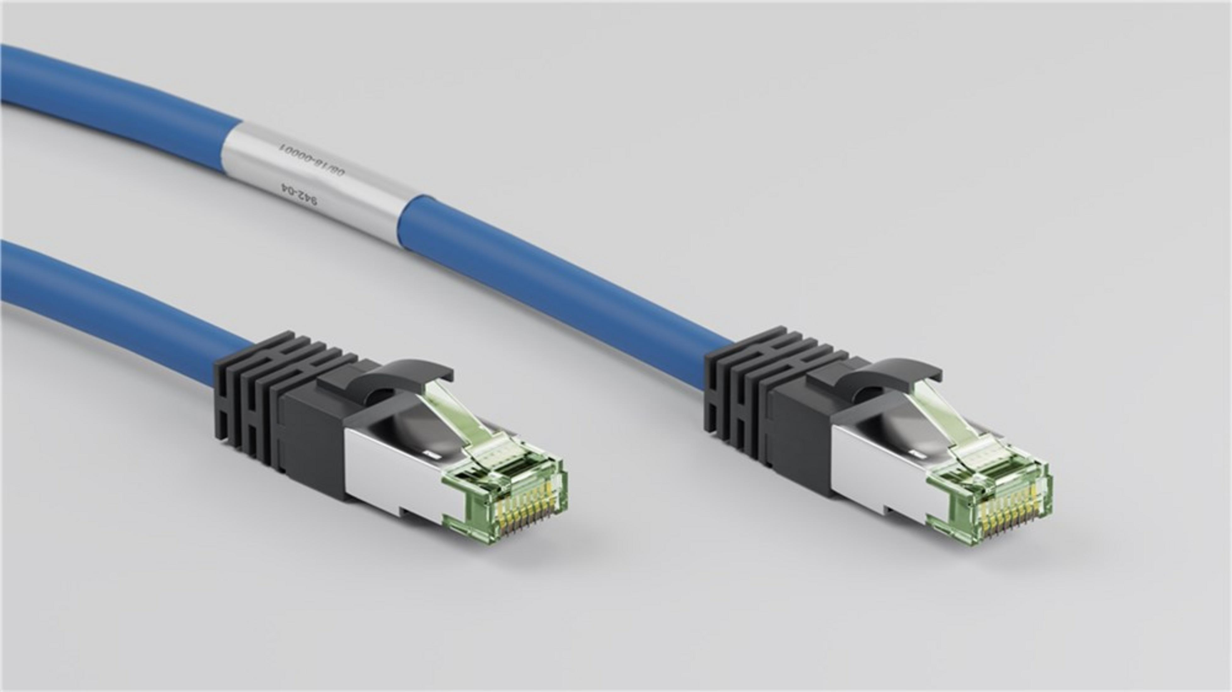 Blue network cables. Two blue cables with network connectors on a light surface.
