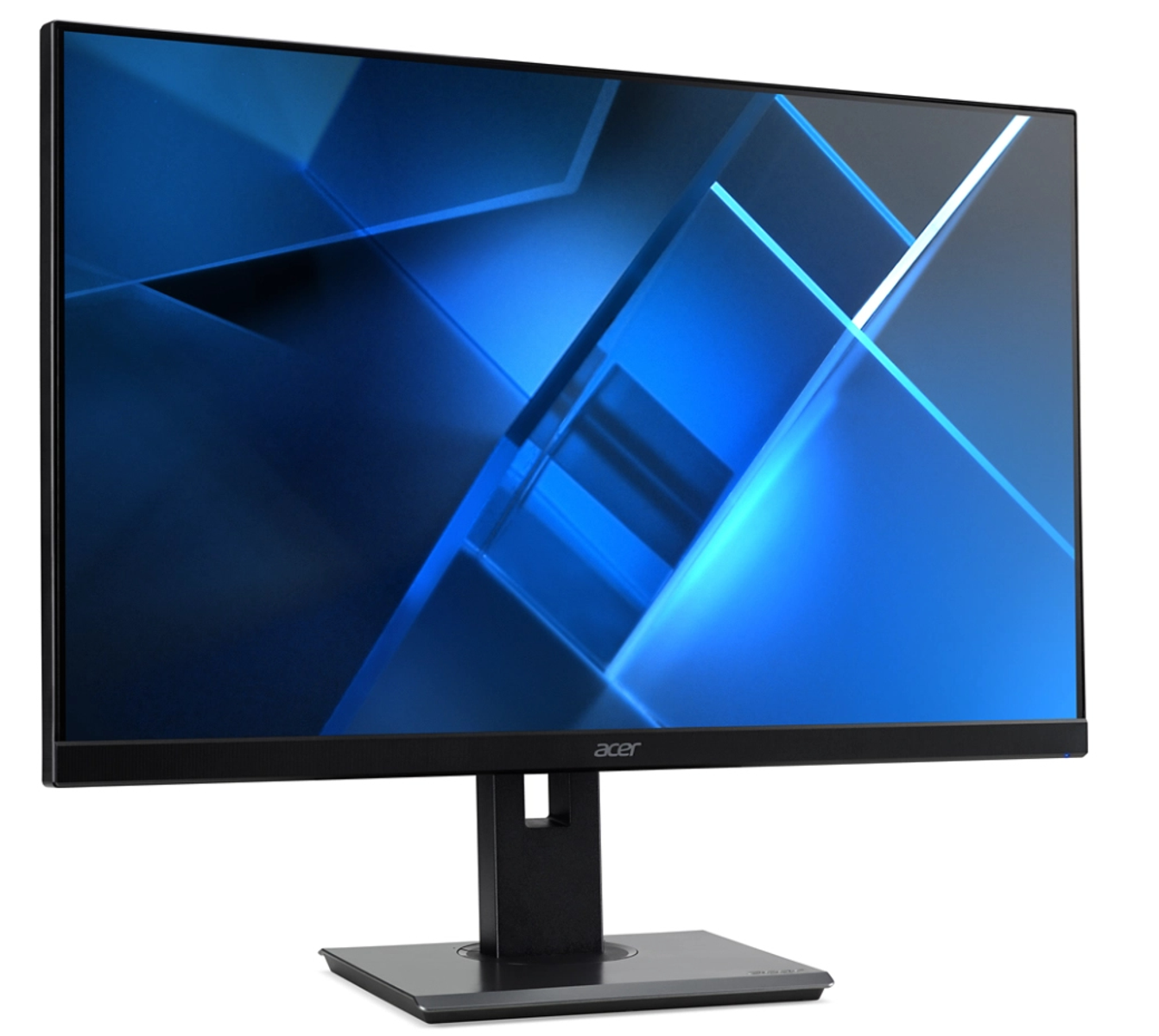 Monitor nero con design geometrico blu sullo schermo, logo Acer in basso.