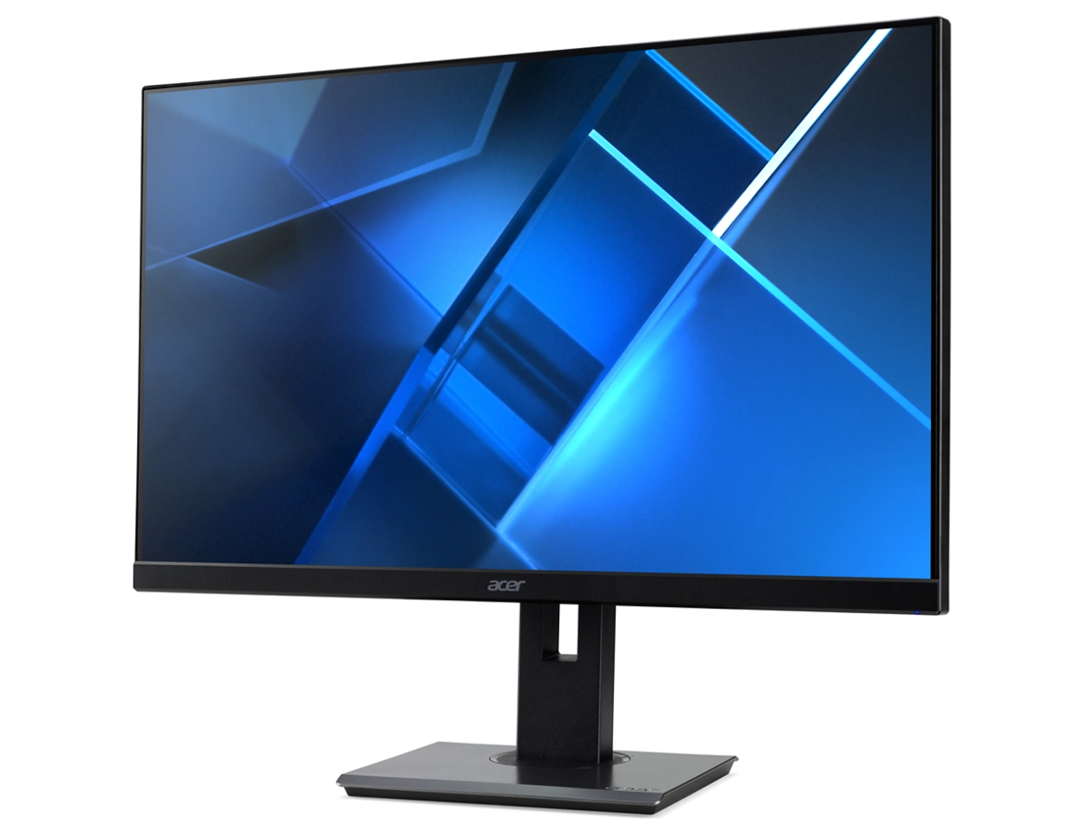 Un monitor per computer su un supporto, che mostra un'immagine astratta blu.