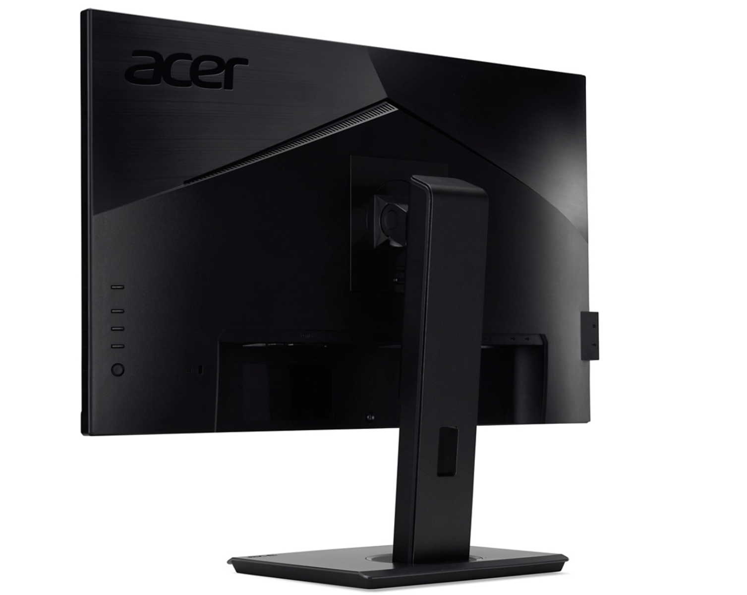 Rückansicht eines schwarzen Computermonitors. Acer-Logo und Ständer. Weißer Hintergrund.