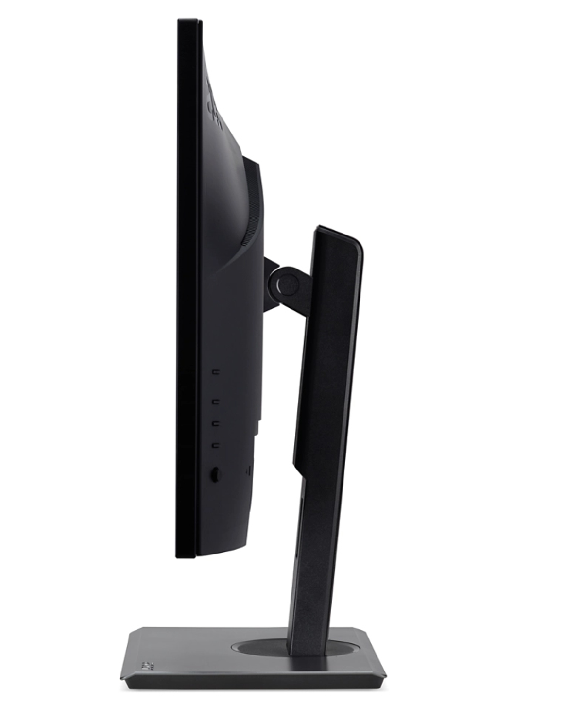 Seitenansicht eines schwarzen Computermonitors mit Ständer.