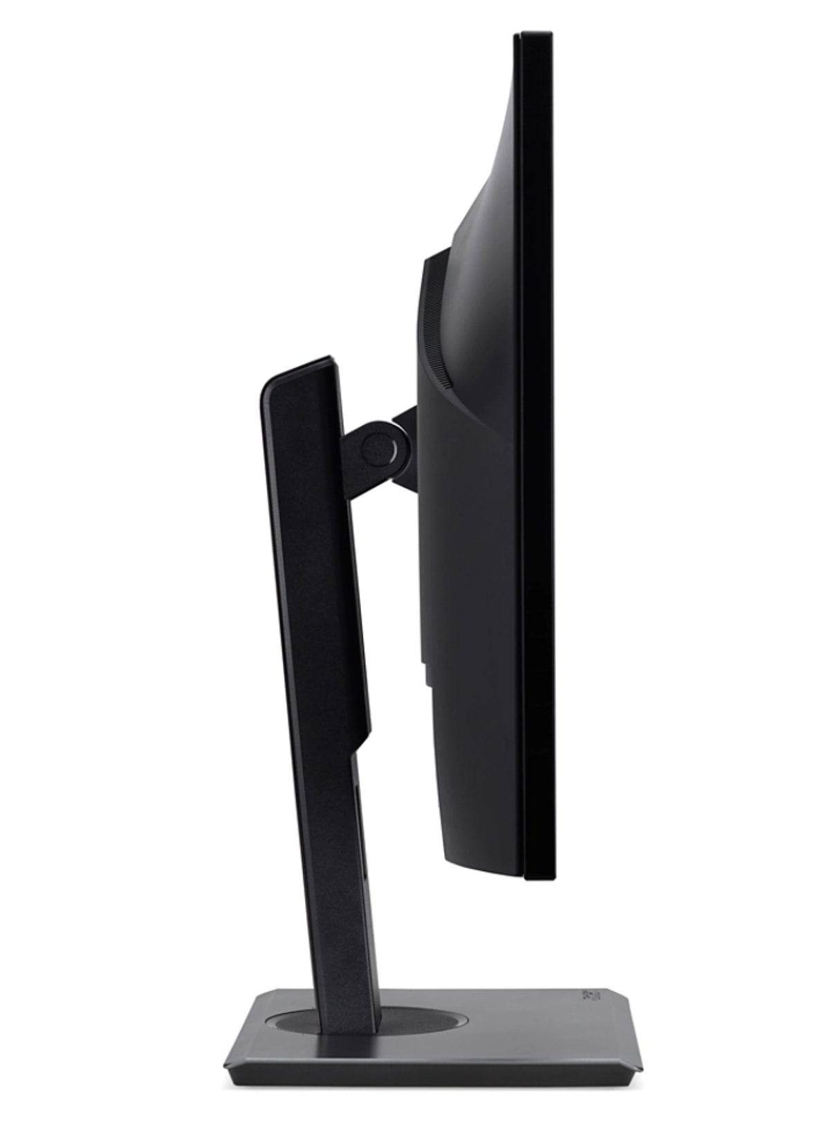 Seitenansicht eines schwarzen Computermonitors auf einem Ständer.