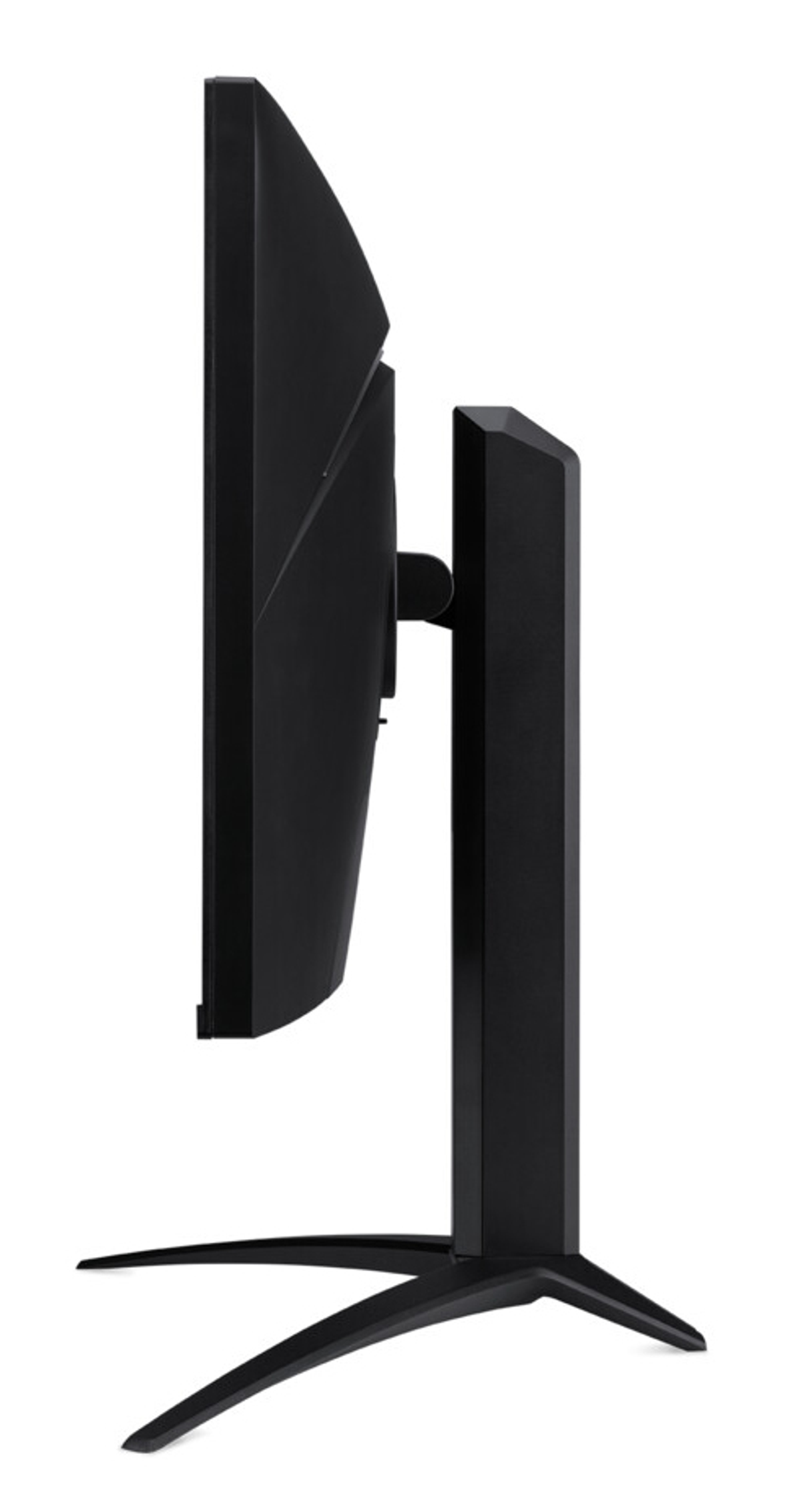 Czarny monitor komputera, widok z boku. Stojak jest czarny. Ekran jest wyłączony.