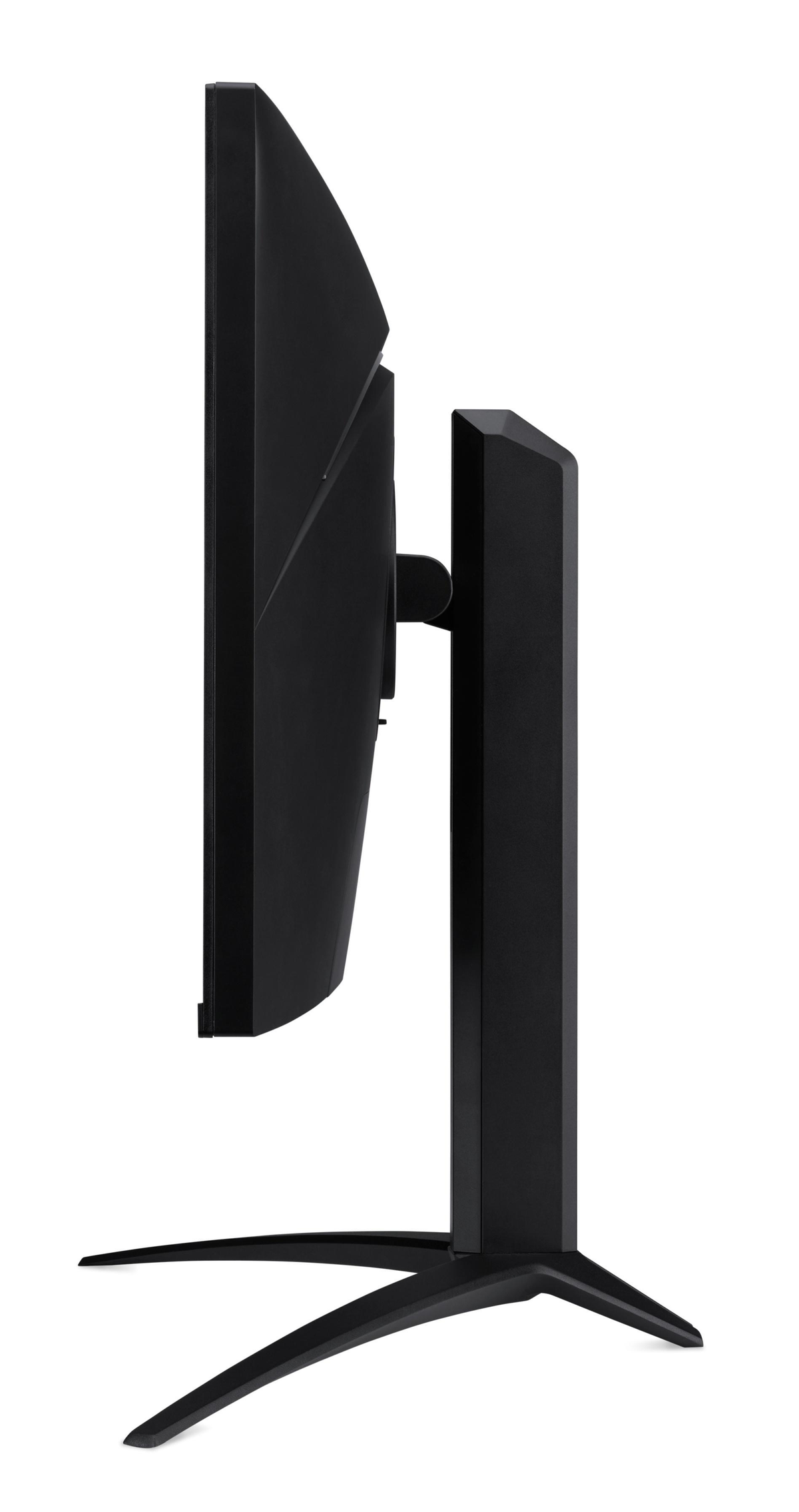 Czarny monitor komputera z boku. Ma czarną podstawę i czarny ekran.