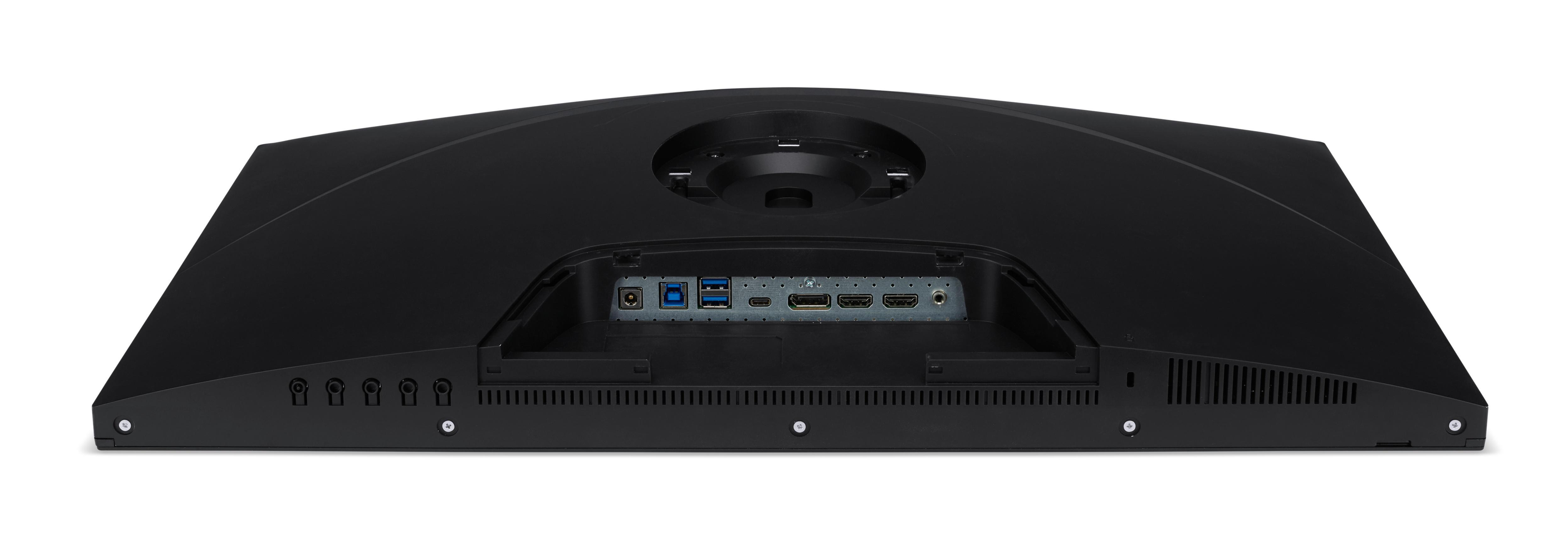 Widok z tyłu czarnego monitora komputera. Pokazuje porty i mocowanie podstawy.