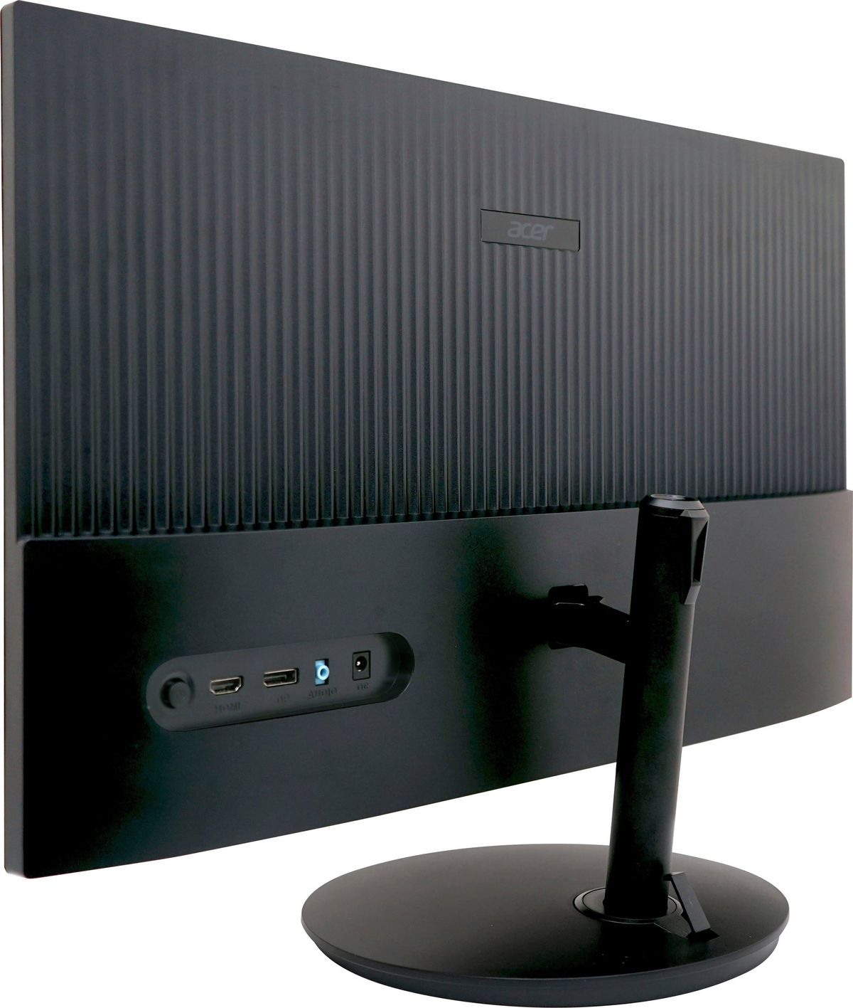 Tył czarnego monitora komputera, z portami i podstawą. Widoczne logo Acer.