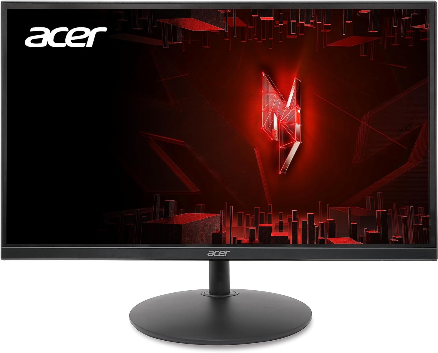 Monitor gaming Acer. Czarna ramka, czerwono-czarny ekran z logo Acer i stylizowanym emblematem 'M'.