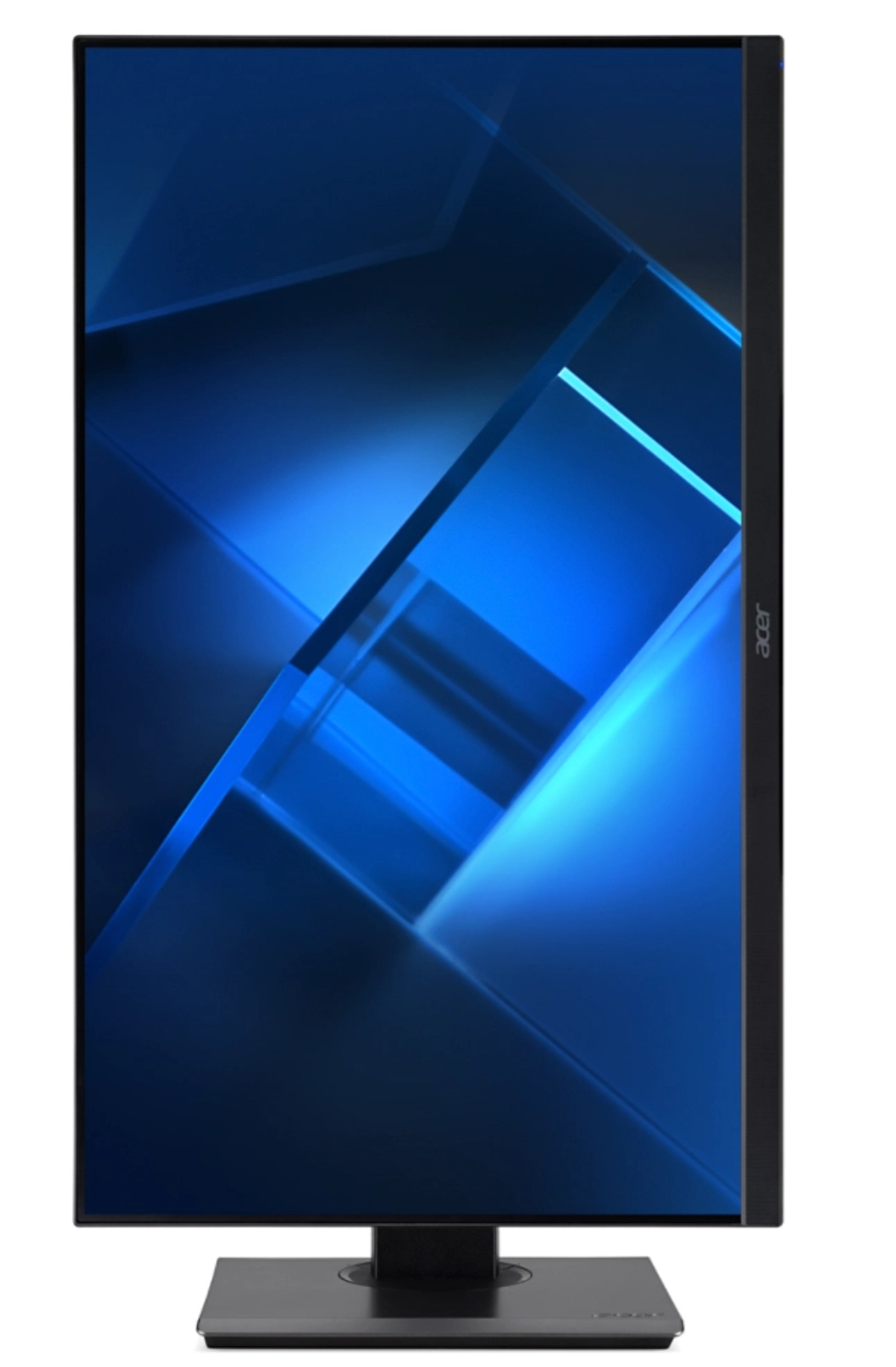 Czarny monitor komputerowy z niebieskim abstrakcyjnym wzorem na ekranie. Czarna podstawa. Białe tło.