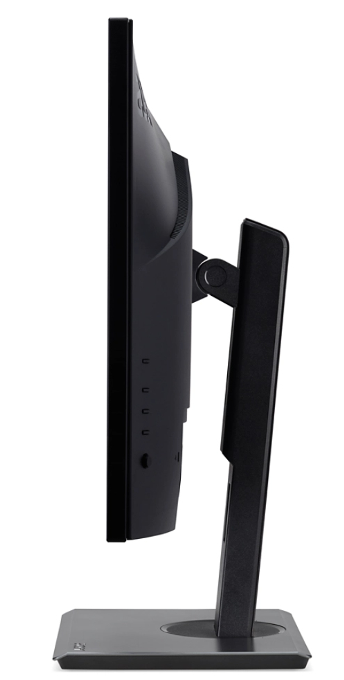 Czarny monitor komputerowy, widok z boku. Stojak również jest czarny, z kwadratową podstawą.