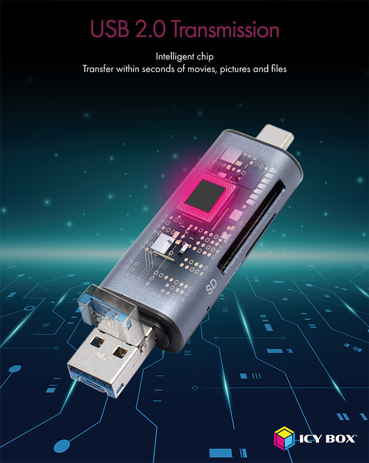 Urządzenie do przesyłania danych USB 2.0 z metalicznym wykończeniem. Posiada gniazdo kart SD i złącze USB.