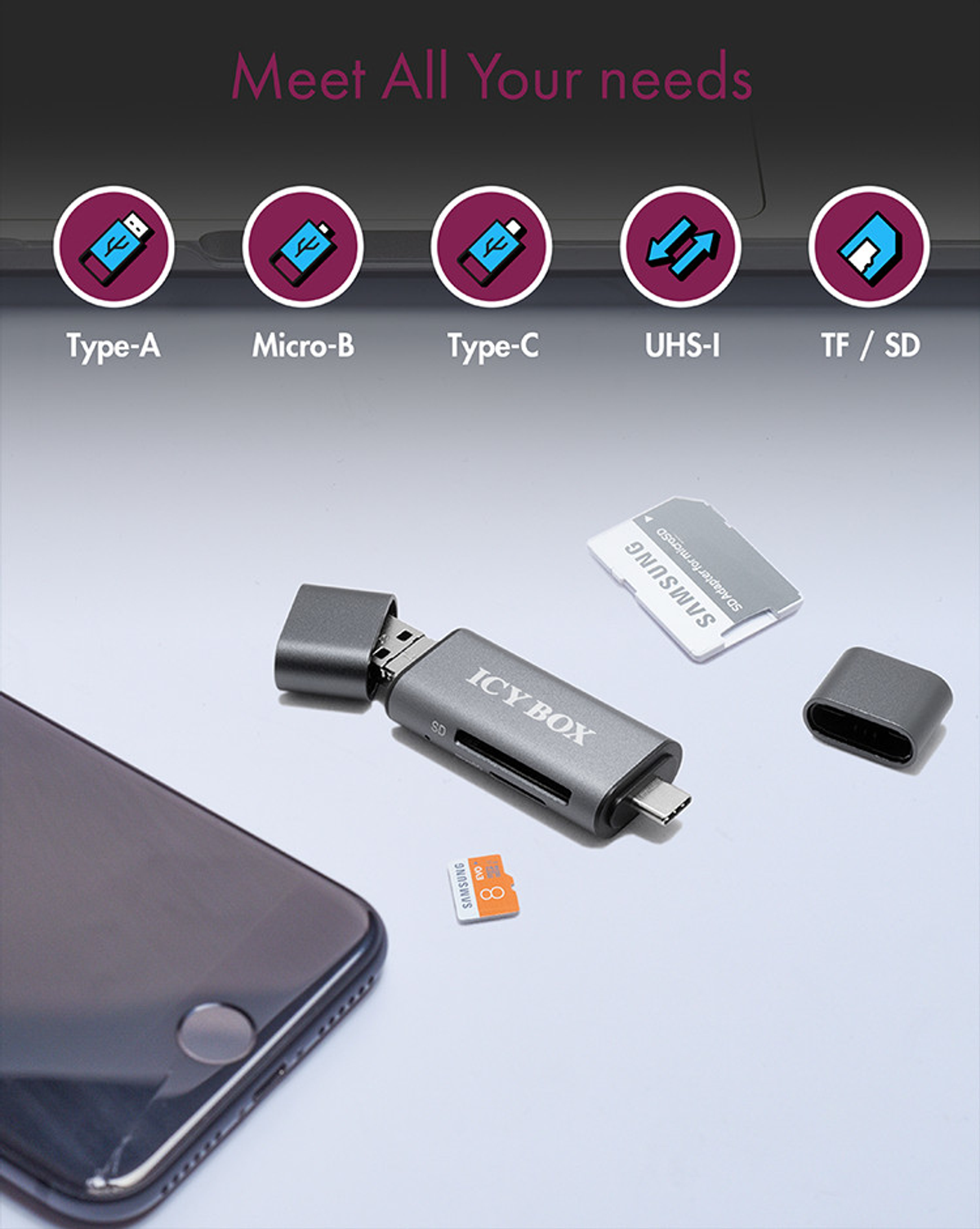 Srebrny czytnik kart ICY BOX, karty micro-SD i telefon na białej powierzchni z ikonami.