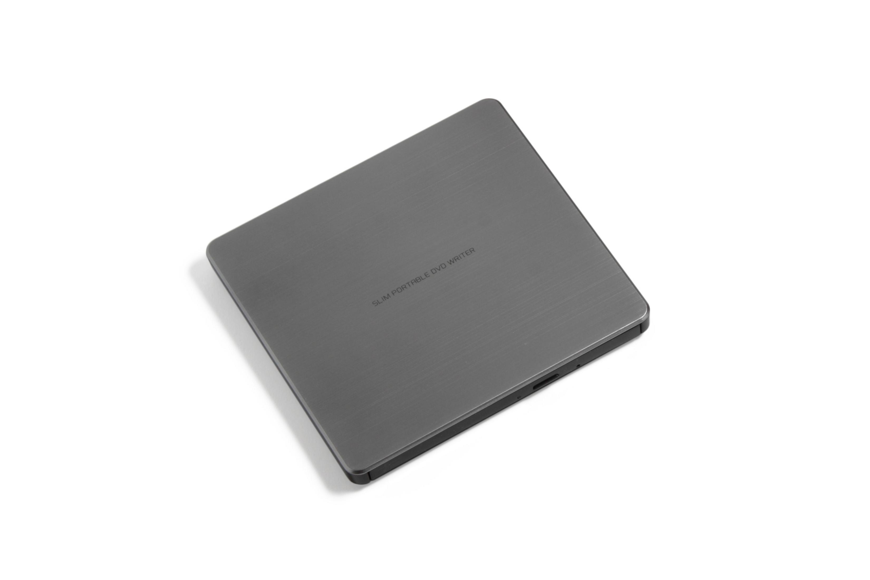 Ein grauer, tragbarer DVD-Brenner. Auf der Oberseite steht 'SLIM PORTABLE DVD WRITER'. Es liegt auf einer weißen Oberfläche.