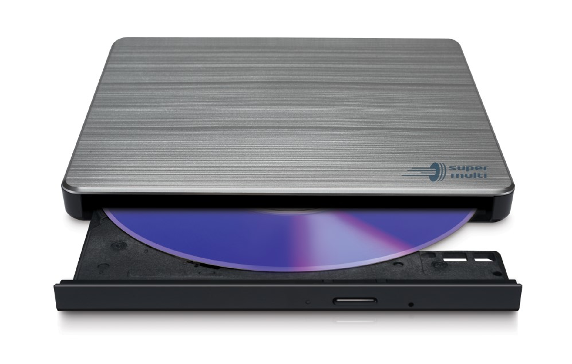Silberfarbenes, tragbares Super Multi DVD-Laufwerk mit offenem Fach, das eine blaue Disc enthält.