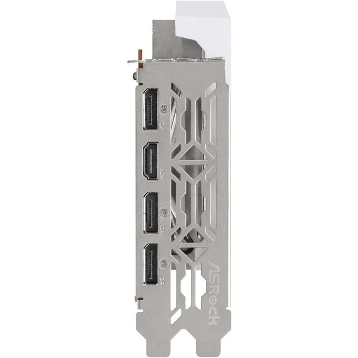 Srebrno-biała karta graficzna, pokazująca wiele portów HDMI z boku.