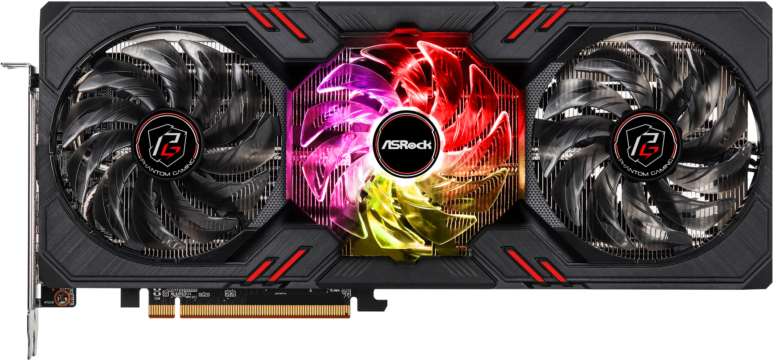 Scheda grafica con tre ventole. Nero, dettagli rossi e il logo ASRock Phantom Gaming.